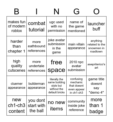 pre-prologue update bingo Card