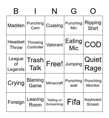 Gamer Rage Bingo Card