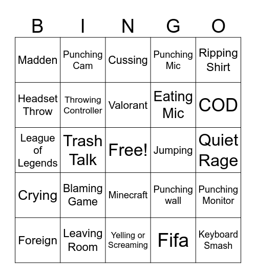 Gamer Rage Bingo Card