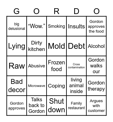 Kitchen Nightmares Bingo Card