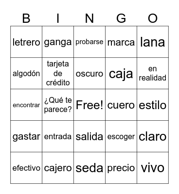 Spanish 2 Ch 2B vocabulary Bingo Card