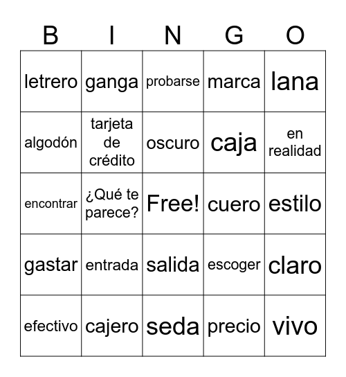 Spanish 2 Ch 2B vocabulary Bingo Card