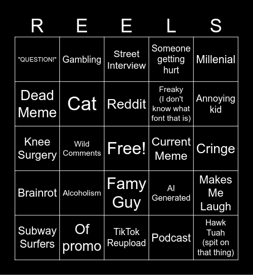 Instagram reels from "Jack's" Video Bingo Card