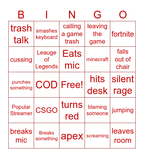 Gamer Rage Bingo Card