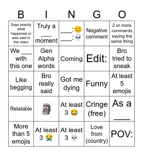 YT shorts comments Bingo Card