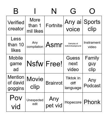 Tiktok bingo Card