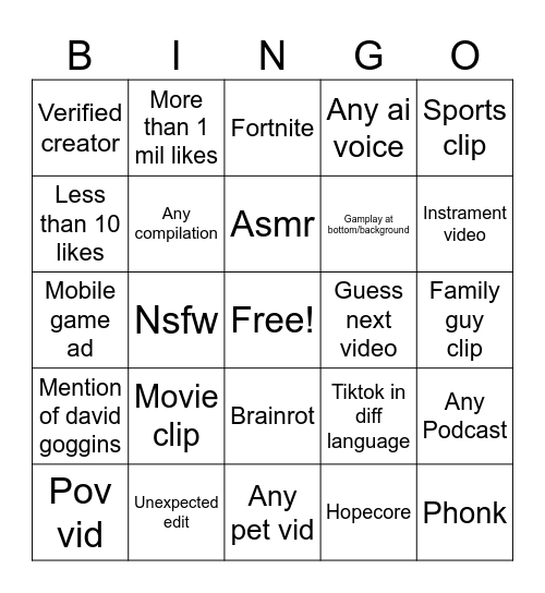 Tiktok bingo Card