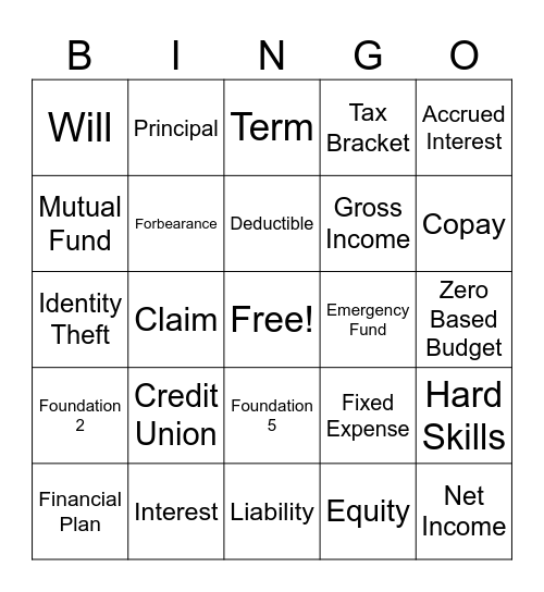 Personal Financial Literacy Bingo Card