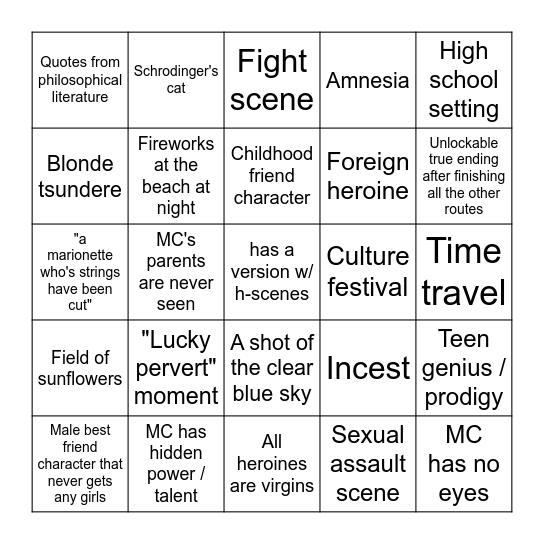 Visual Novel Bingo Card
