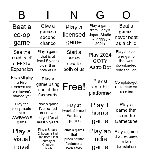 2025 Games Bingo Card