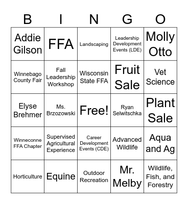 Winneconne FFA Bingo! Bingo Card