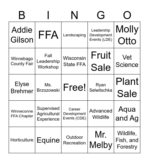 Winneconne FFA Bingo! Bingo Card