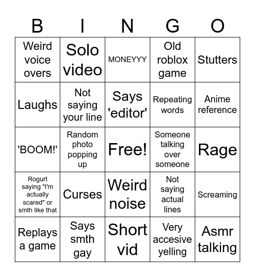 Rogurt bingo Card