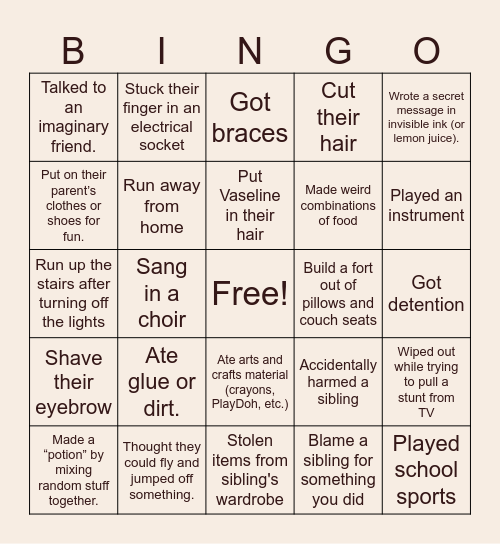 Childhood Bingo Card