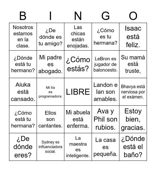 Estar or Ser Bingo Card