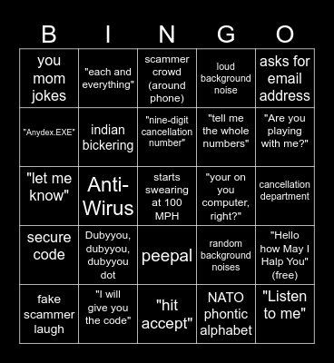 Scammer Bingo Card