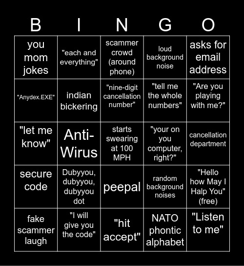 Scammer Bingo Card