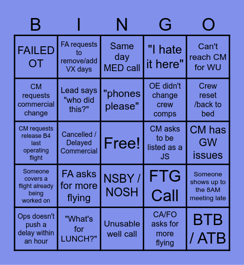 Crew Scheduling Bingo Card