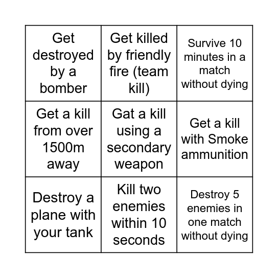 Warthunder Bingo 1.0 Bingo Card