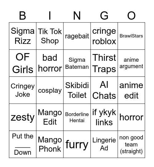 Sigma Tik Tok Bingo Card