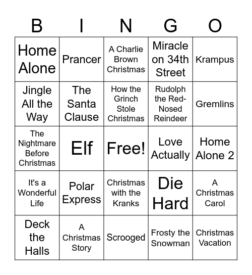 Winter Movie BINGO Card