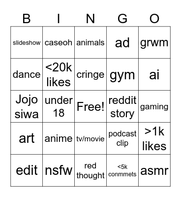 tiktok Bingo Card