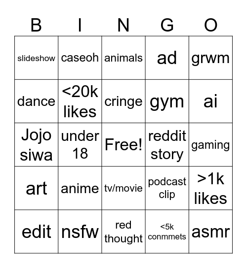 tiktok Bingo Card