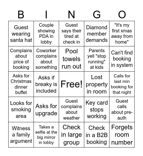 Front Office Xmas Bingo Card