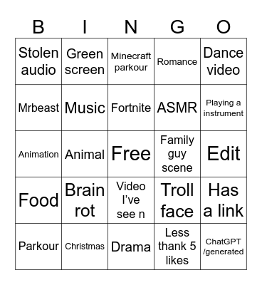 YouTube shorts bingo Card
