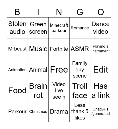 YouTube shorts bingo Card