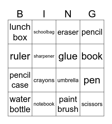 School Supplies Bingo Card