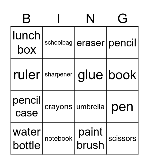 School Supplies Bingo Card