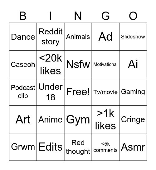 Tiktok Bingo Card