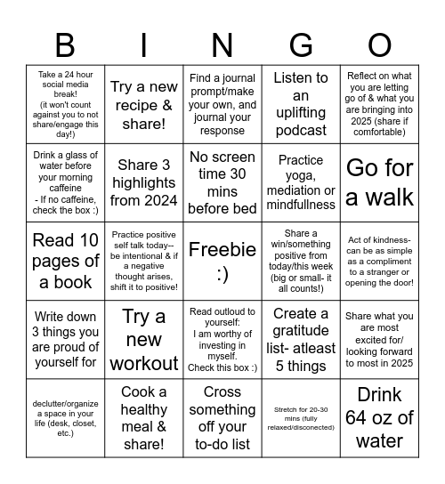 New year Self Care Bingo & Step Challenge Bingo Card