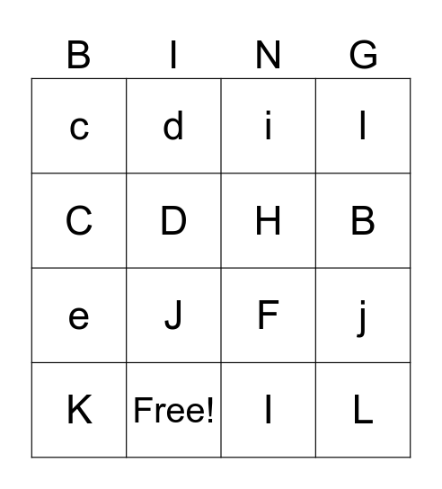 Letters from A to L Bingo Card