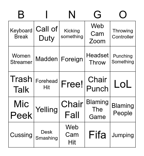 Gamer Rage Bingo Card