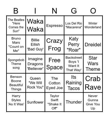 Fontaine Musical Bingo Card
