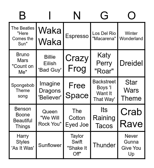 Fontaine Musical Bingo Card