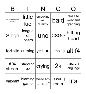 streamer rage Bingo Card