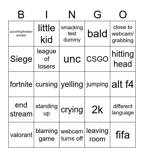 streamer rage Bingo Card