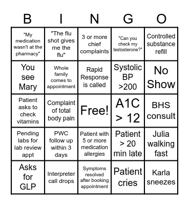 Family Medicine Bingo Card