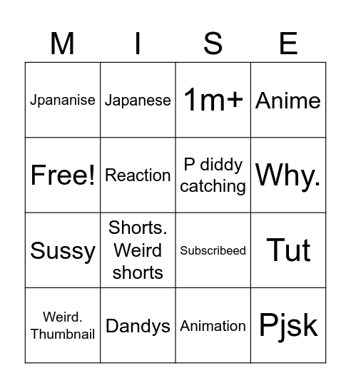 YouTube curse Bingo Card