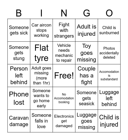 Family Travel Bingo Card