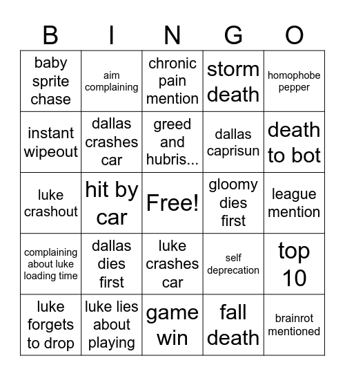 fortnite bingo Card