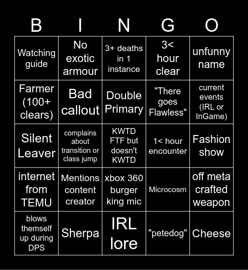 D2 LFG BINGO Card