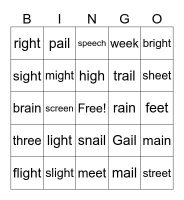 IGH  AI  EE words Bingo Card