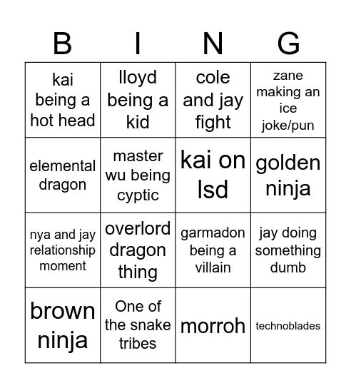 NInjago Bingo Card