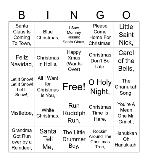 Holiday Hits Bingo Card