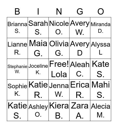 330th Girl Guides Name Bingo Card