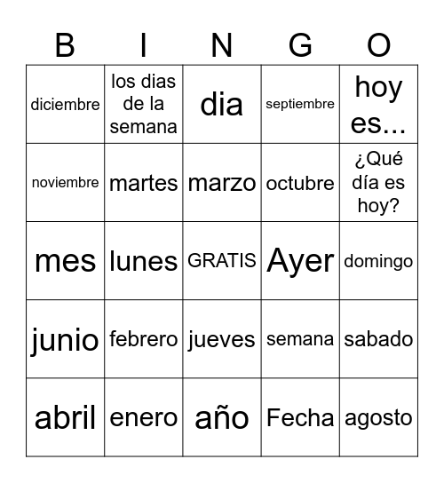 La fecha/the date Bingo Card